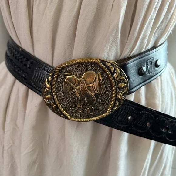 Vintage Leather Belt with Brass Buckle - Picture 1 of 7